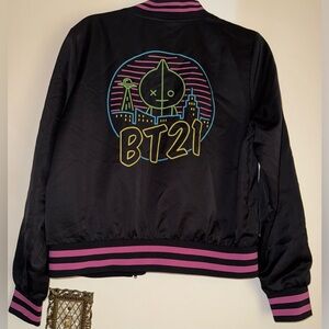 BT21 BTS Bomber Jacket Black Pink Neon Graphic‎ Zip Up Ltd Edition Medium EUC